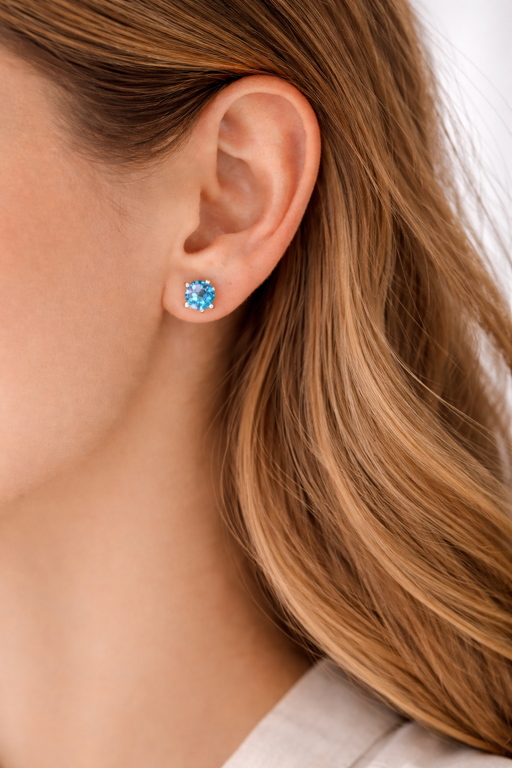 6.5mm Round Glacier Blue Moissanite Earring