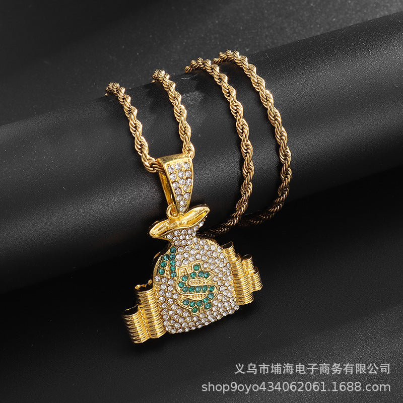 Diamond-studded Dollar Sign Money Bag & Coin Pendant Necklace Set