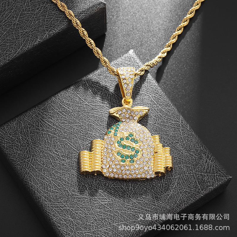 Diamond-studded Dollar Sign Money Bag & Coin Pendant Necklace Set
