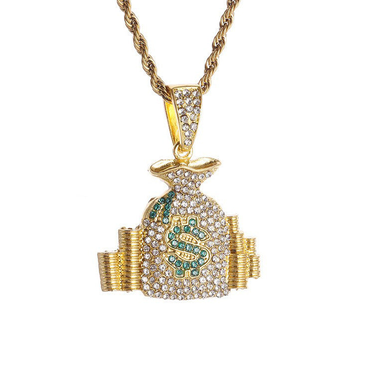 Diamond-studded Dollar Sign Money Bag & Coin Pendant Necklace Set