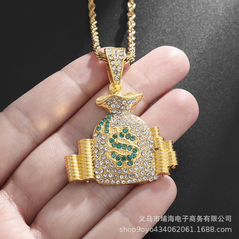 Diamond-studded Dollar Sign Money Bag & Coin Pendant Necklace Set