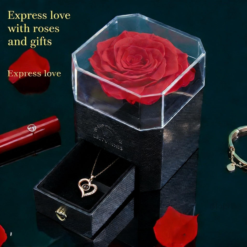 Red Rose I Love You in 100 Languages  925 silver Necklace Gift Box
