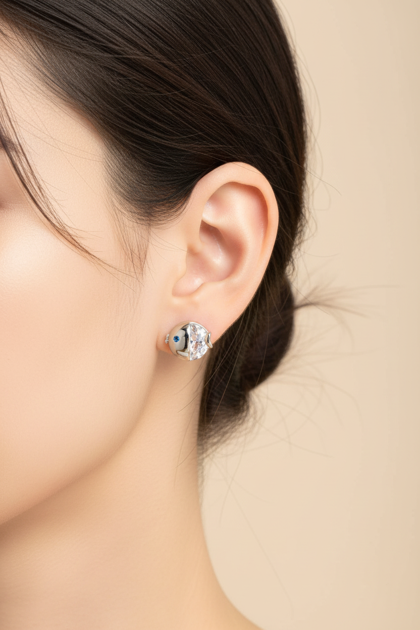 模特佩戴鱼耳钉细节图